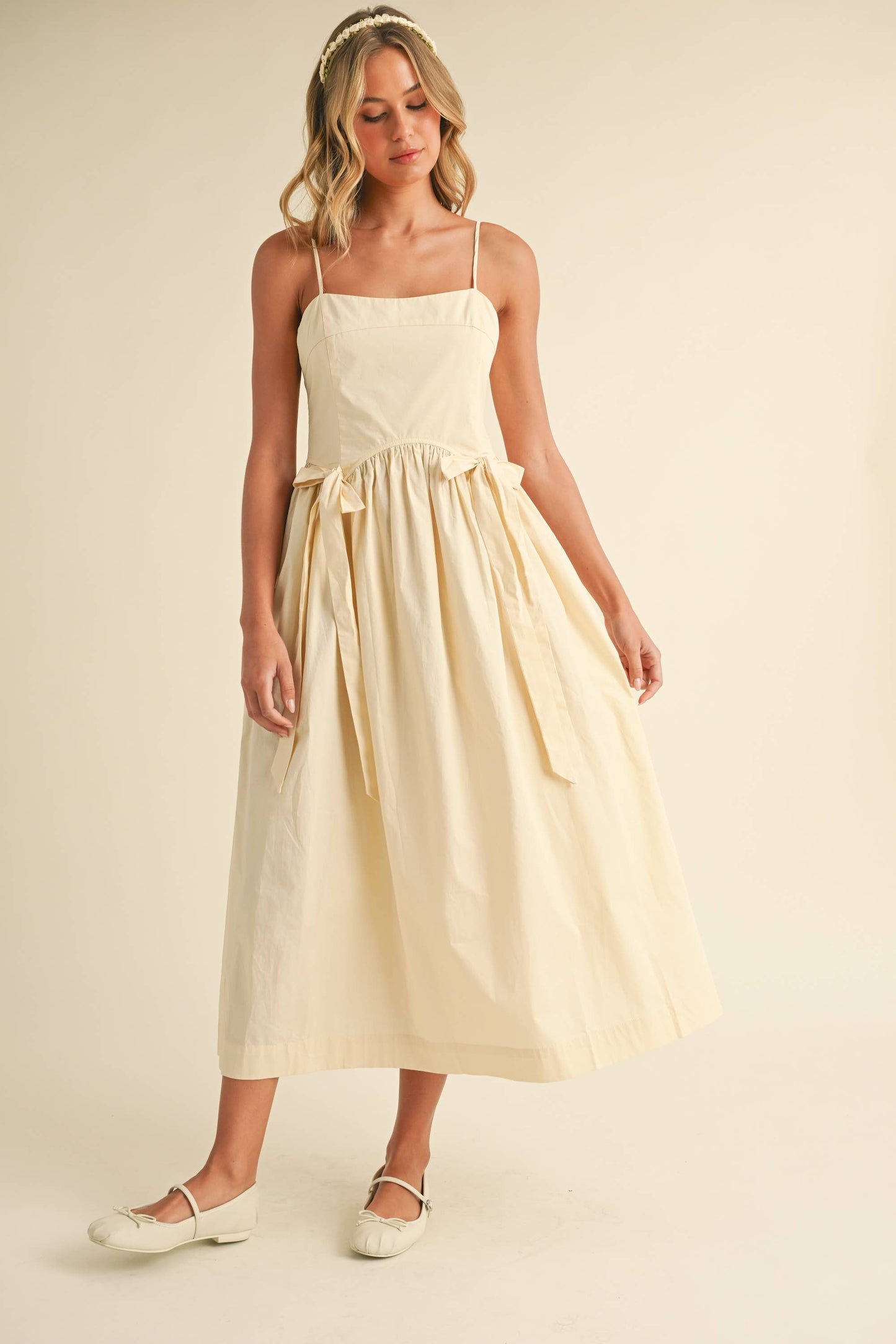 Cream Bow Midi Dress