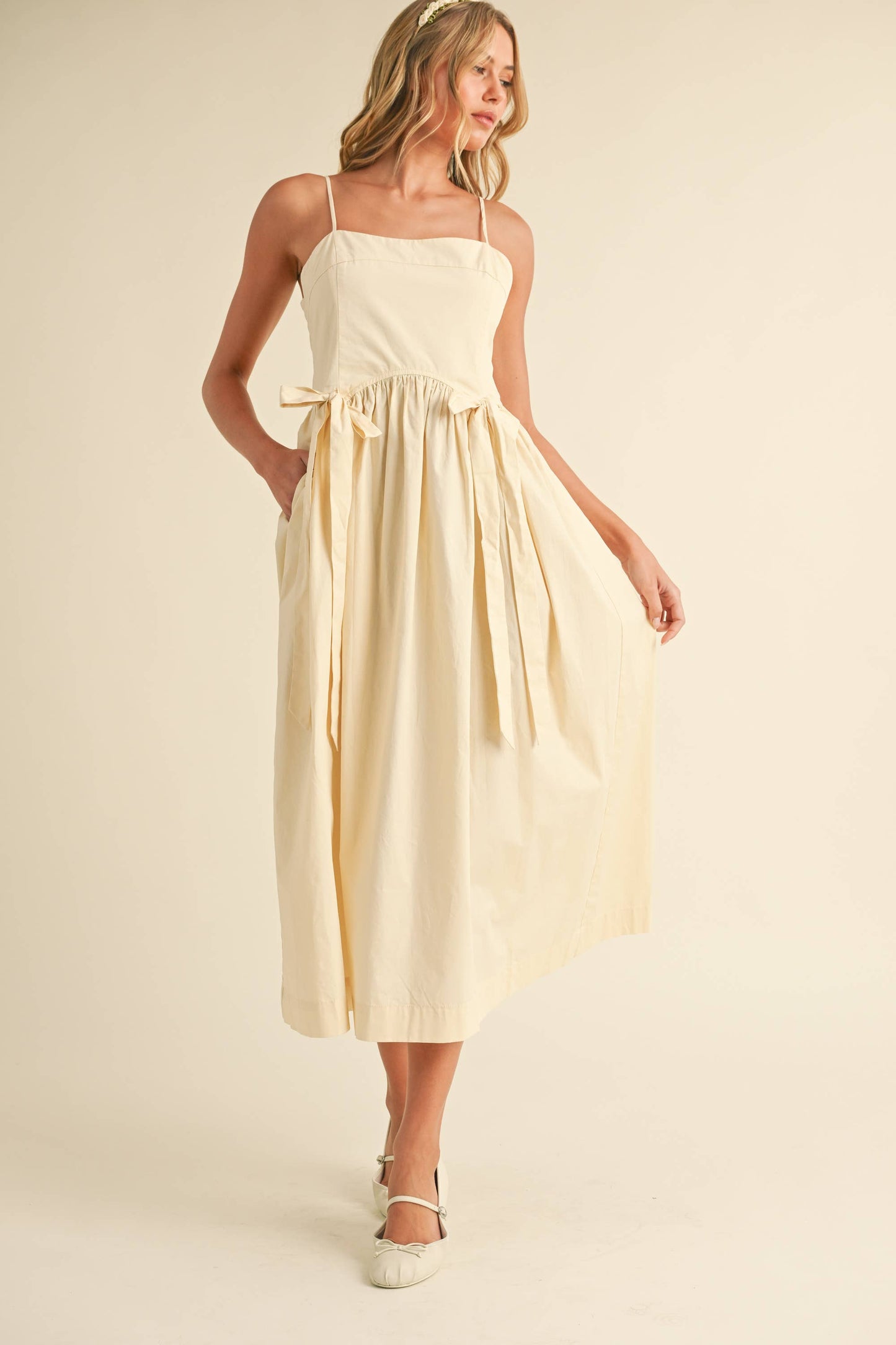 Cream Bow Midi Dress