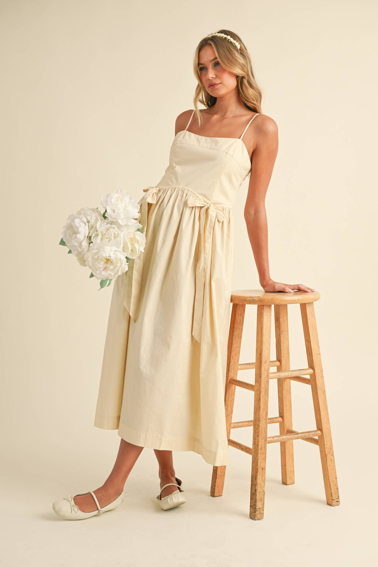 Cream Bow Midi Dress