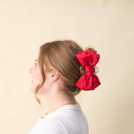 Satin Bow Claw Clip- Red