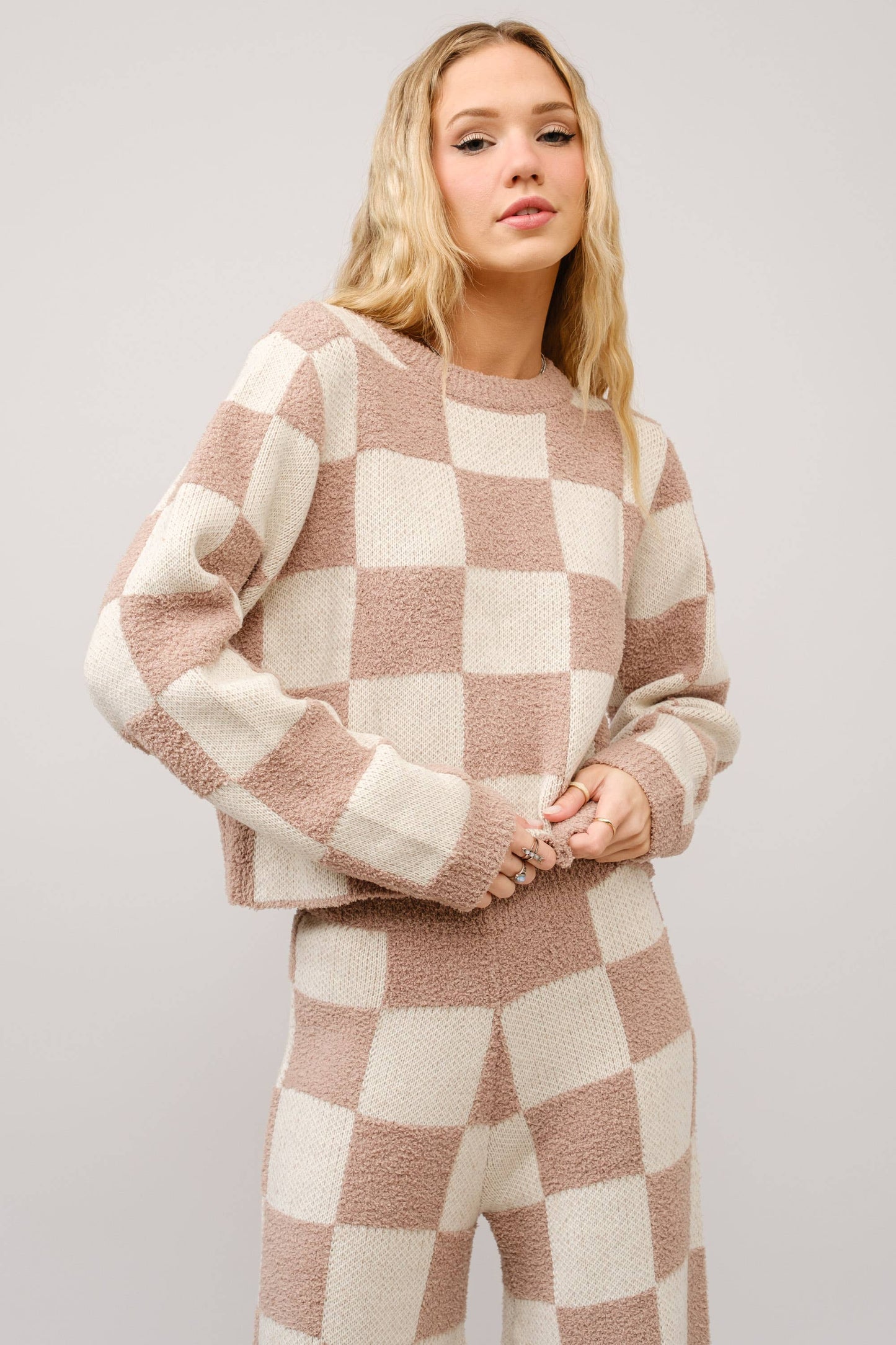 36351SET - Checkerboard Knit Set Sweater: BEIGE IVORY / S