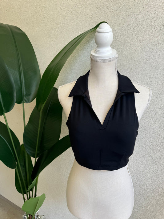 Black Collared Cropped Athletic Tank