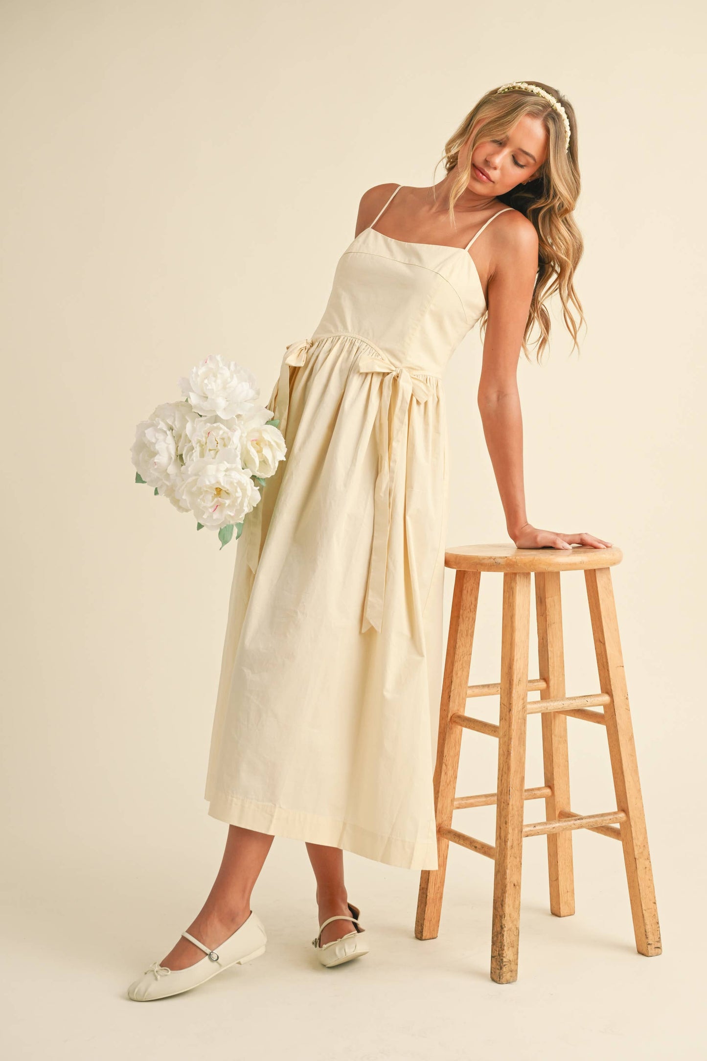 Cream Bow Midi Dress