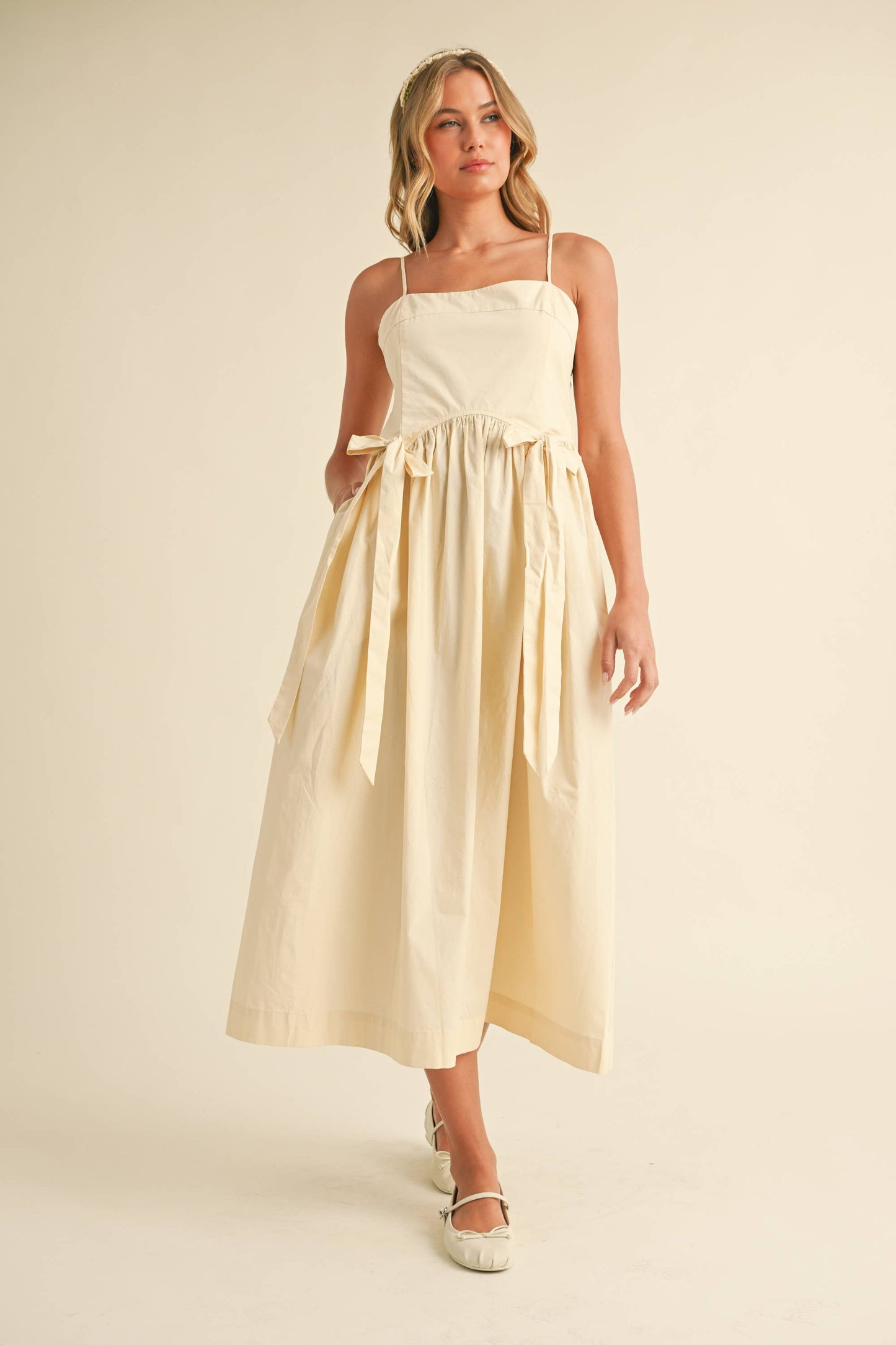 Cream Bow Midi Dress