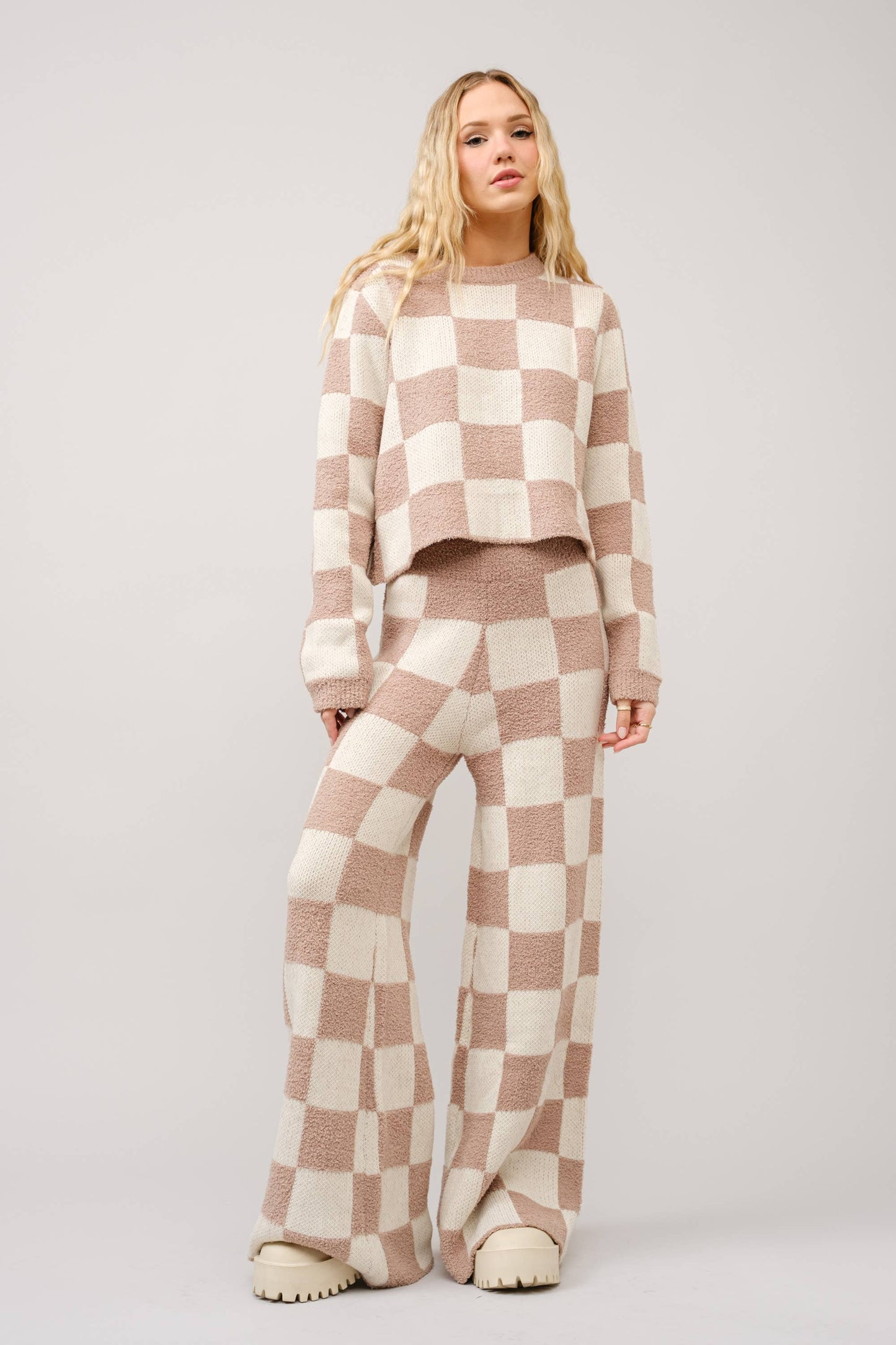 36351SET - Checkerboard Knit Set Sweater: BEIGE IVORY / S